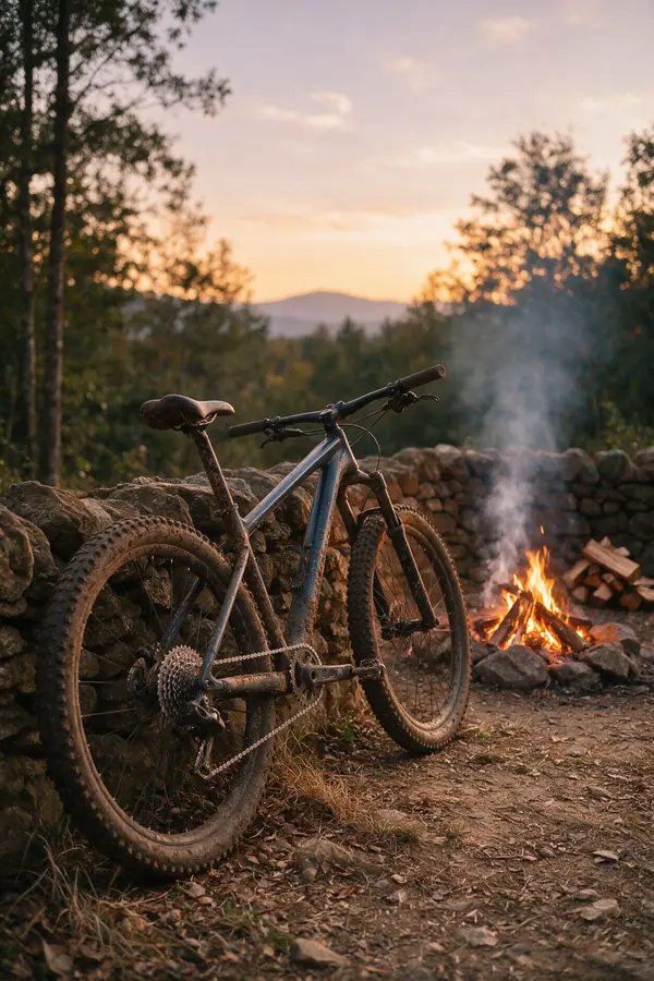 A mud-spattered mountain bike leaning against a stone wall beside a lit fire pit at dusk