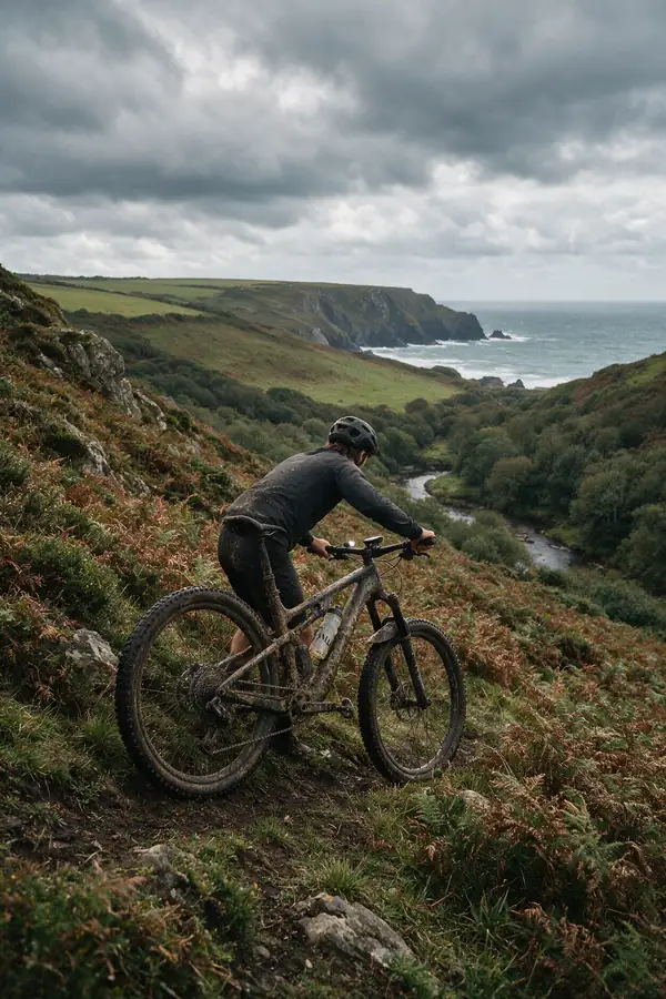 A mountain biker climbing a bracken hillside above the Cornish coast